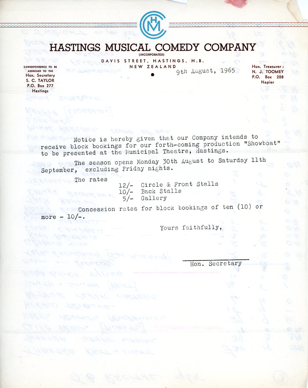 Hastings Musical Comedy Company Letter