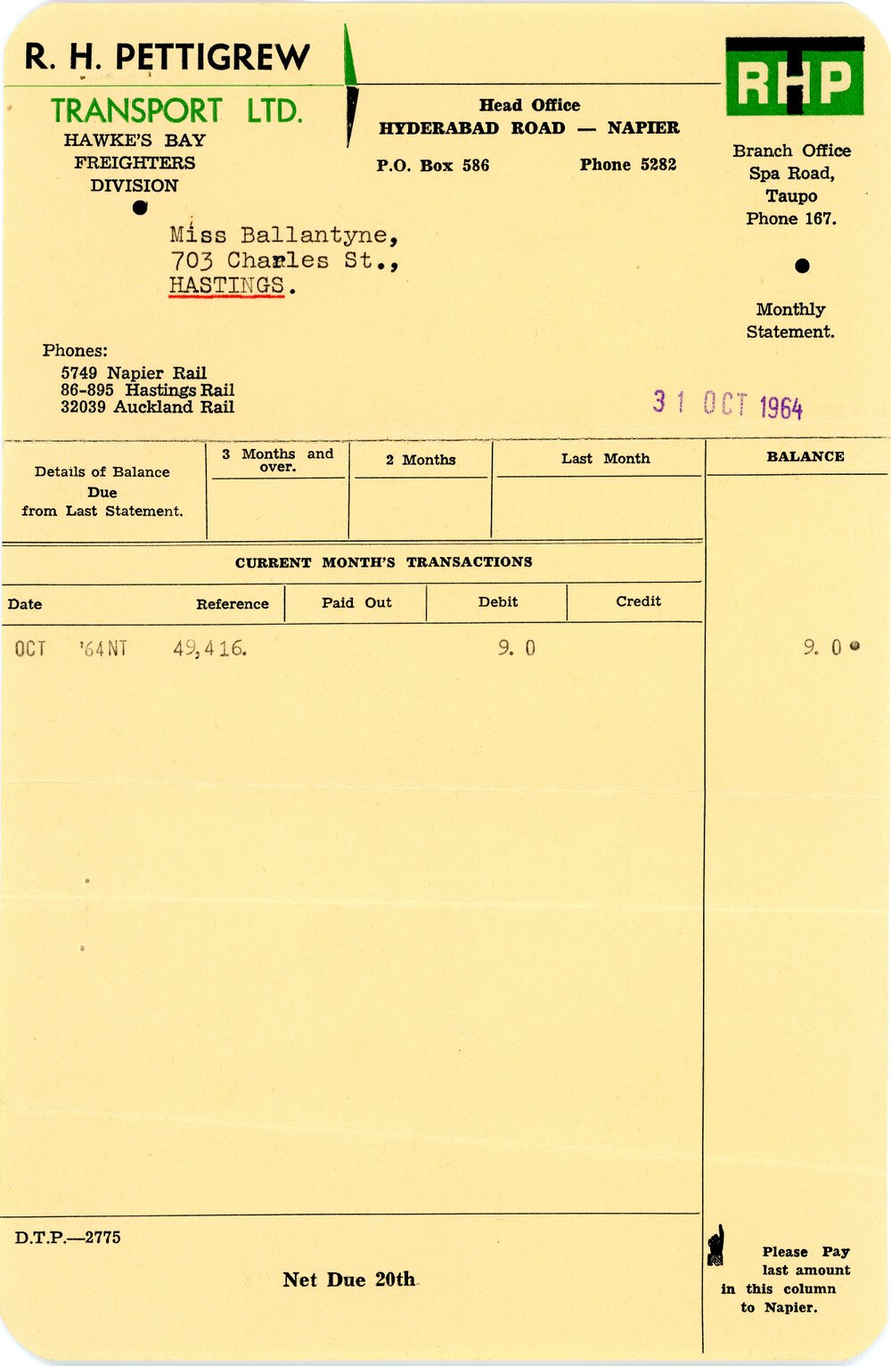 Pettigrew Transport Ltd Invoice