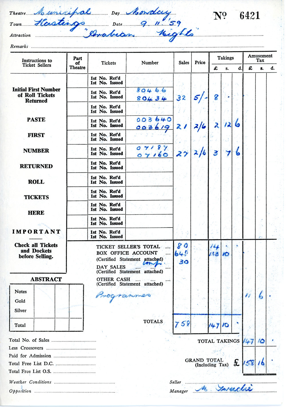 Municipal Theatre Ticket Sales for Arabian Nights