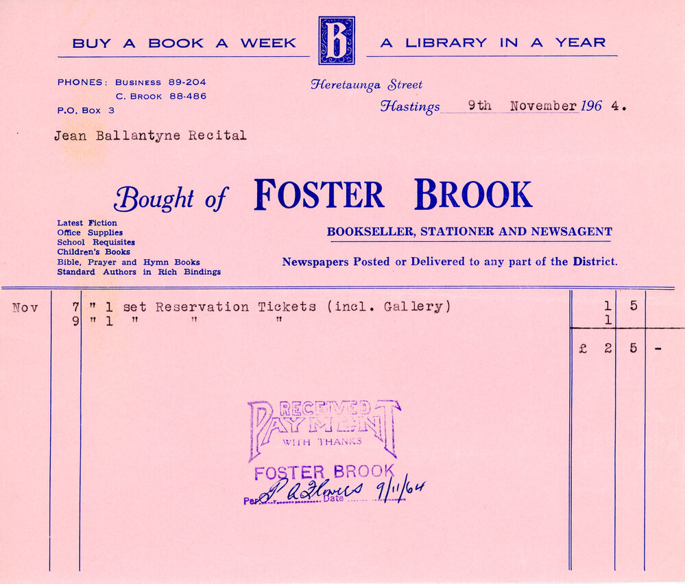 Foster Brook Receipt for Ballantyne Recital