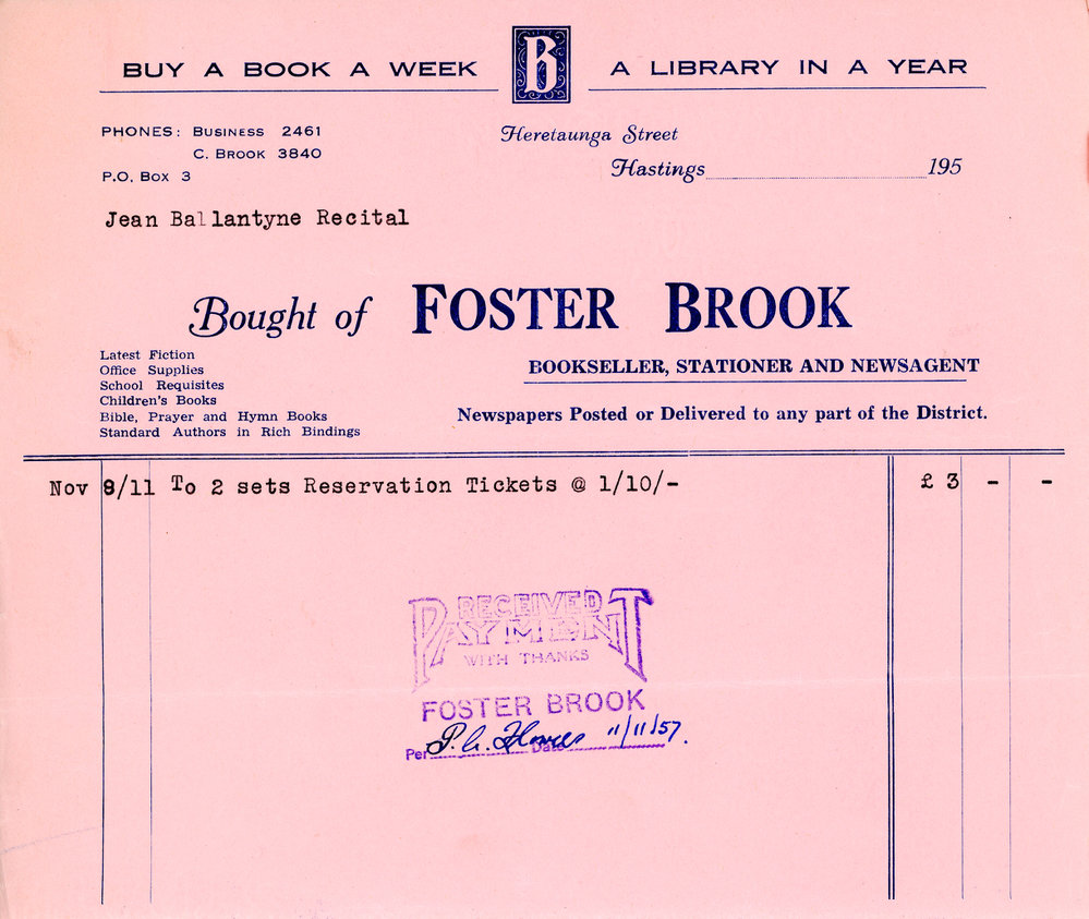 Foster Brook Receipt for Ballantyne Recital