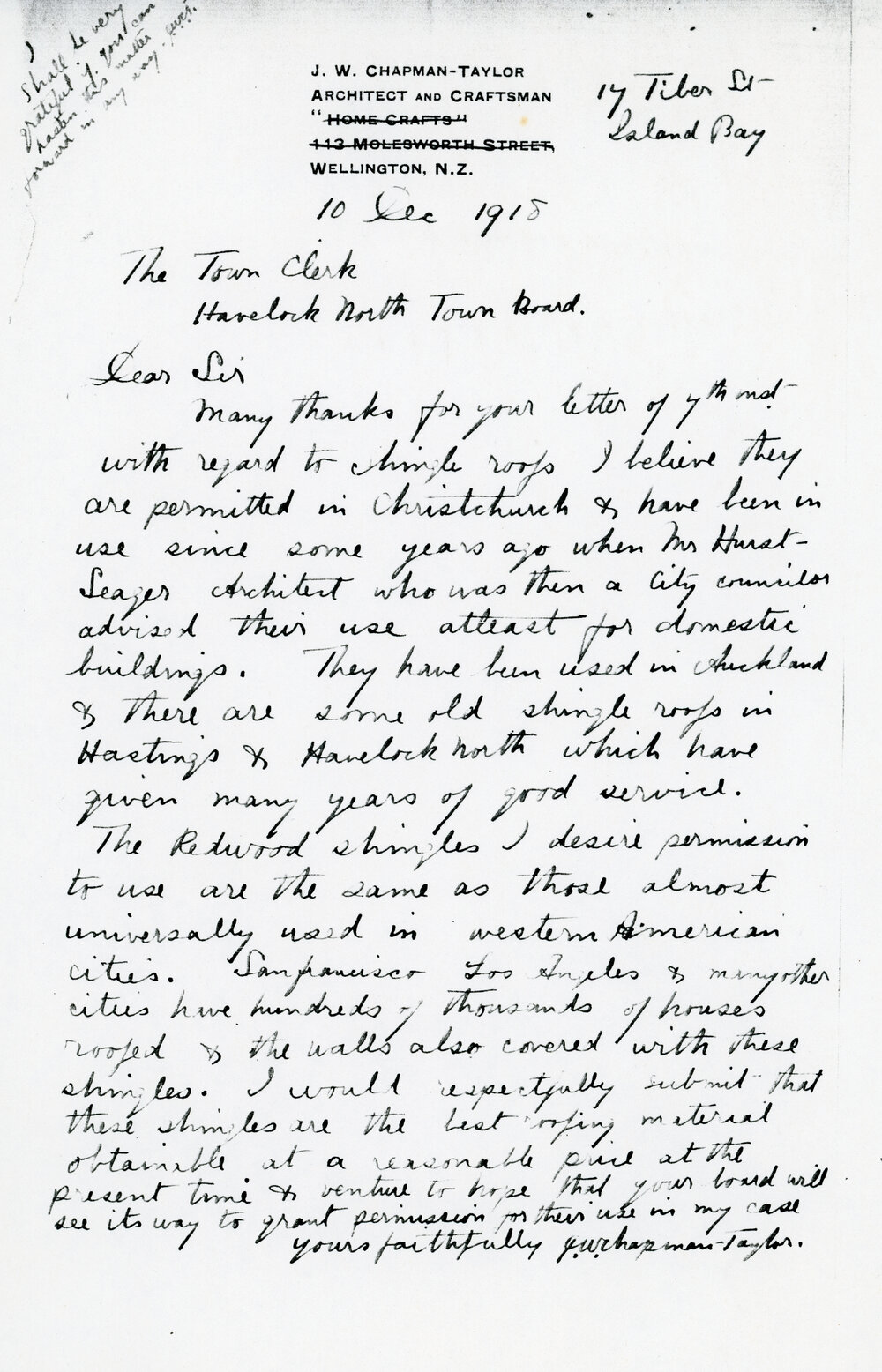 J.W. Chapman-Taylor letter to Havelock North Town Clerk.