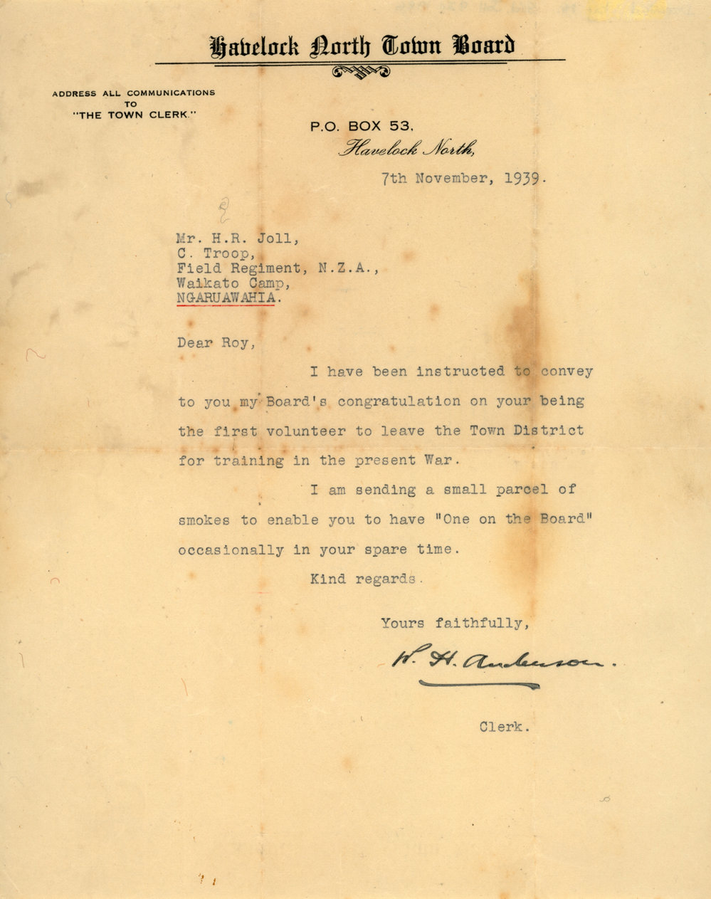 Letter from Havelock North Town Board to Mr. Harold Roy Joll, 7 November, 1939.