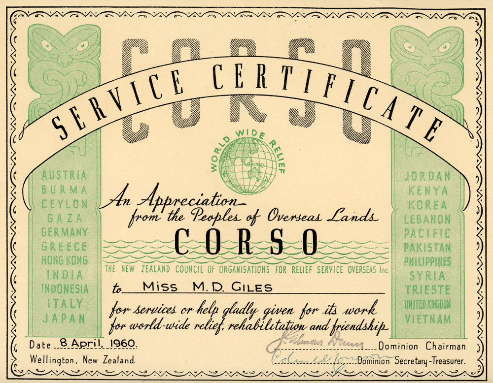 CORSO Service Certificate awarded to Miss M.D. Giles