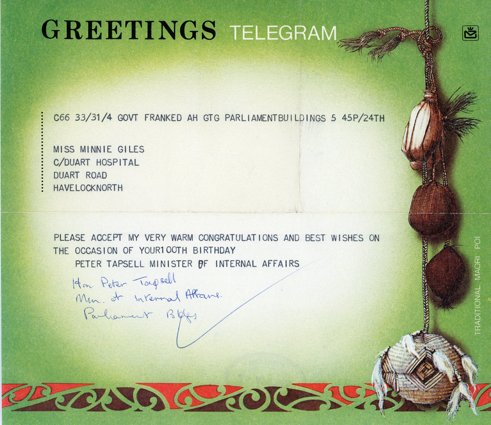 Greetings Telegram to Miss Minnie Giles