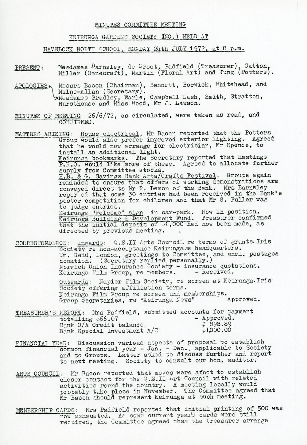 Keirunga Gardens Society Meeting Minutes July 1972