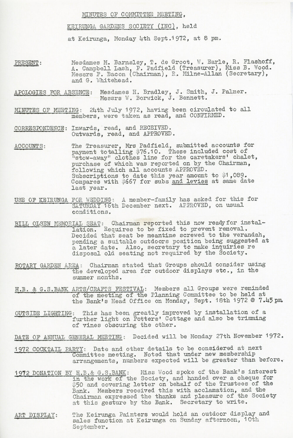 Keirunga Gardens Society Meeting Minutes 4 September 1972