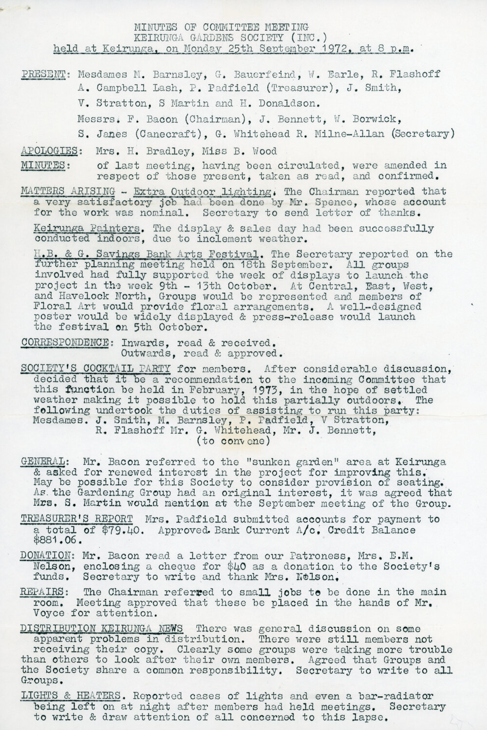 Keirunga Gardens Society Meeting Minutes 25 September 1972