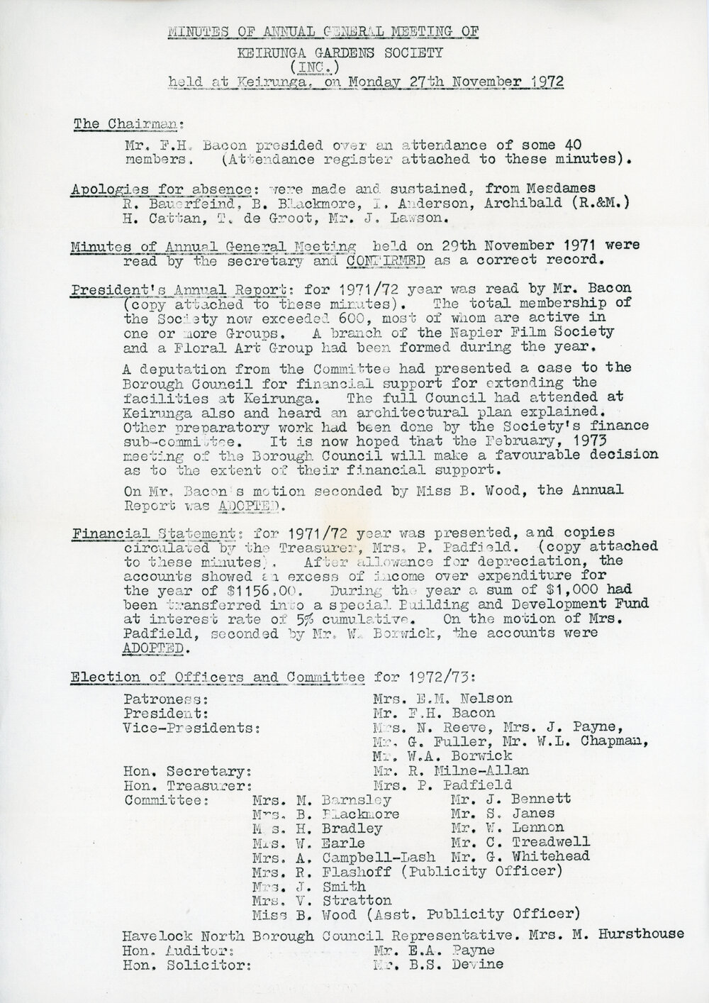 Keirunga Gardens Society Meeting Minutes November 1972