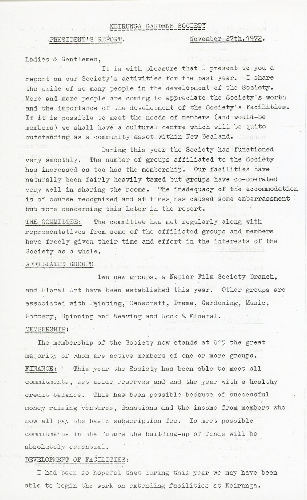Annual President's Report from the Keirunga Gardens Society 1972
