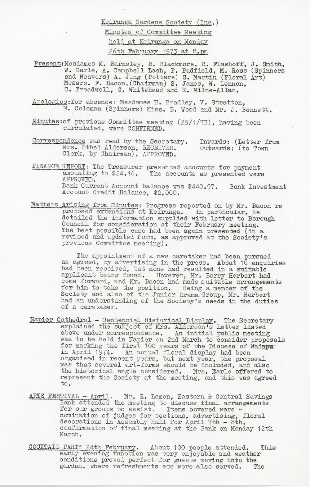 Keirunga Gardens Society Meeting Minutes February 1973