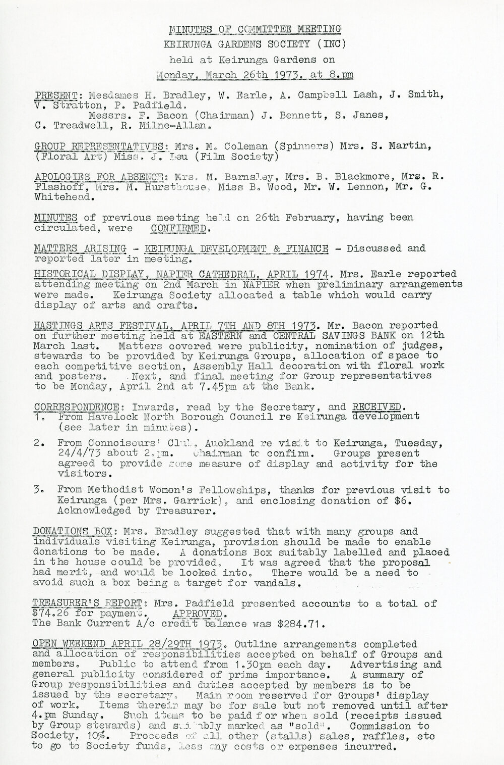 Keirunga Gardens Society Meeting Minutes March 1973