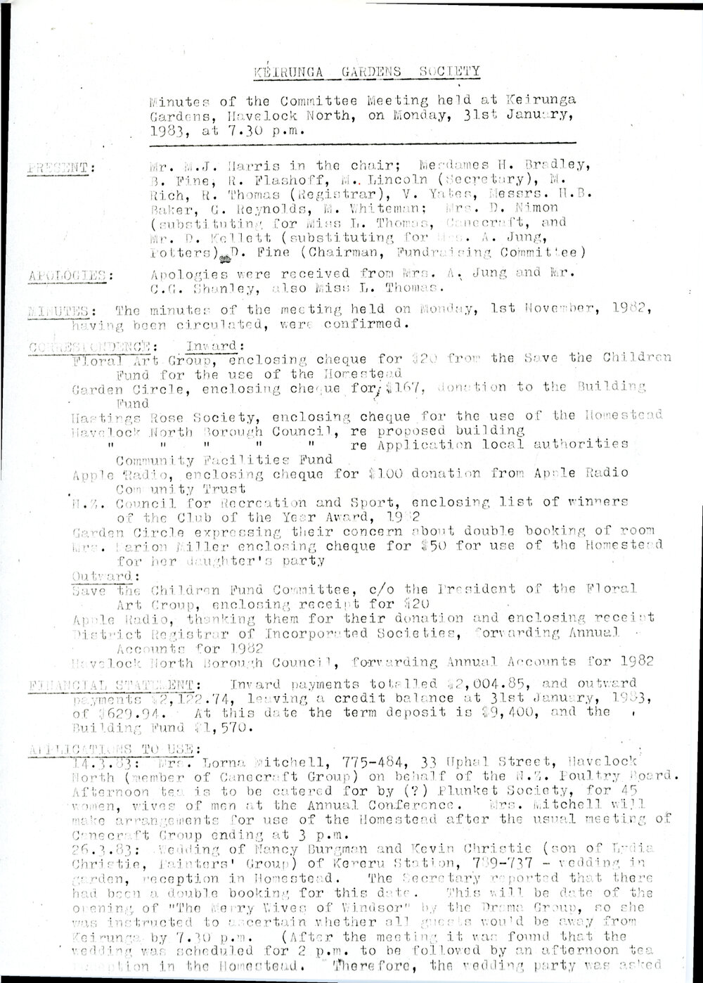 Keirunga Gardens Society Meeting Minutes January 1983