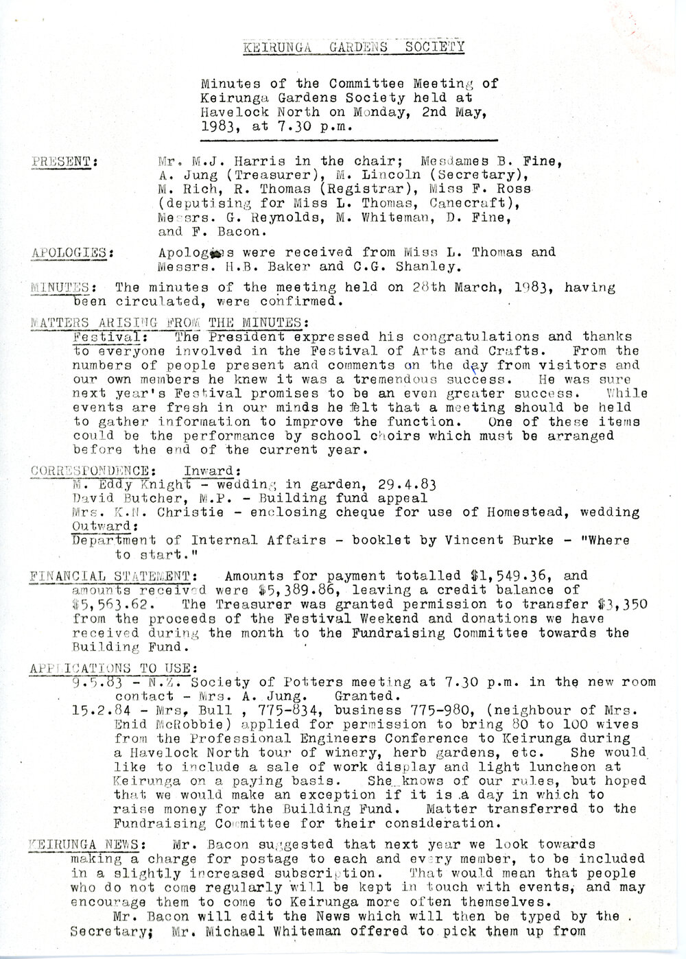 Keirunga Gardens Society Meeting Minutes 2 May 1983