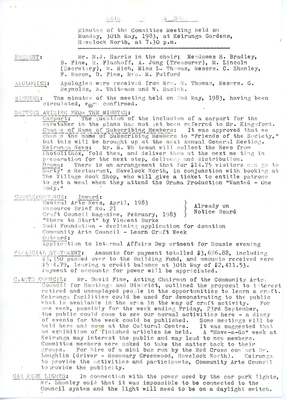 Keirunga Gardens Society Meeting Minutes 30 May 1983