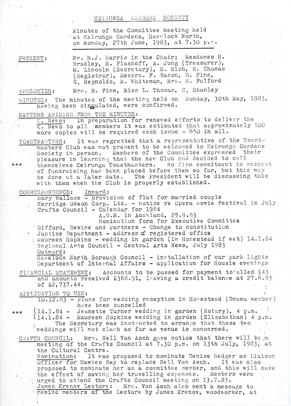Keirunga Gardens Society Meeting Minutes June 1983