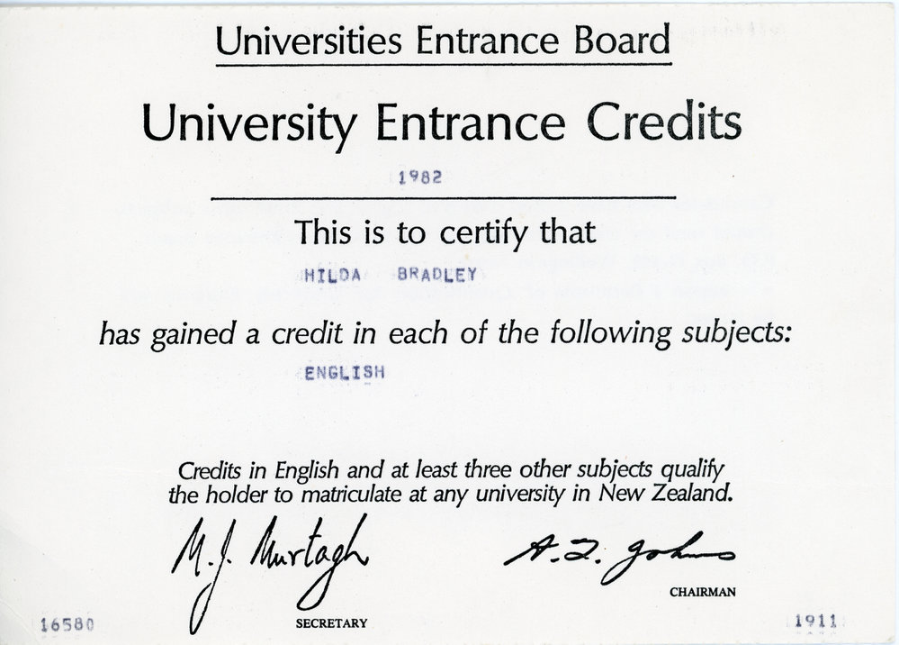 University Entrance Credits in English for Hilda Bradley, 1982