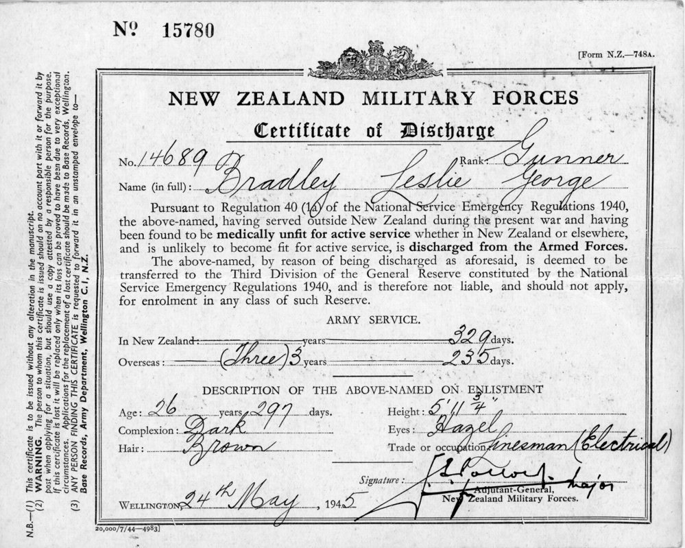 New Zealand Military Forces Certificate of Discharge for Bradley Leslie George