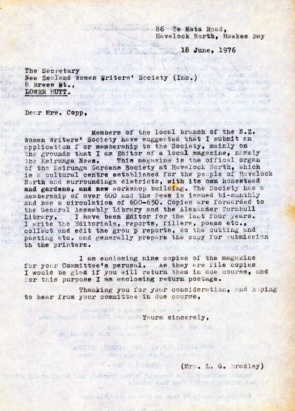 Correspondence Between Mrs L G Bradley and the New Zealand Women Writers' Society 