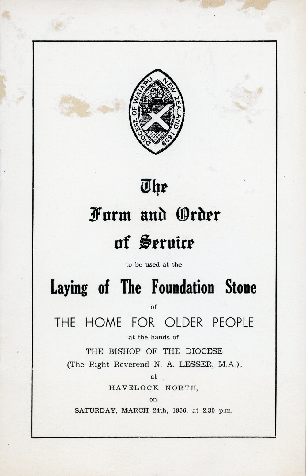 Order of Service for Laying of the Waiapu Foundation Stone 