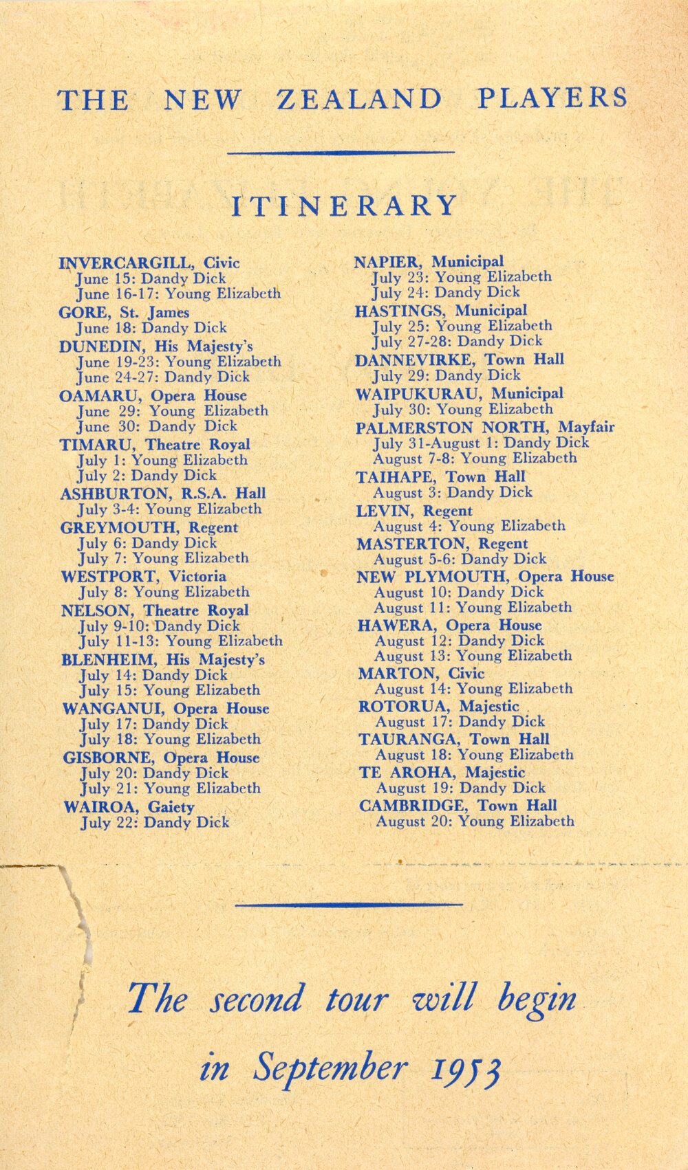 New Zealand Players Itinerary, September 1953