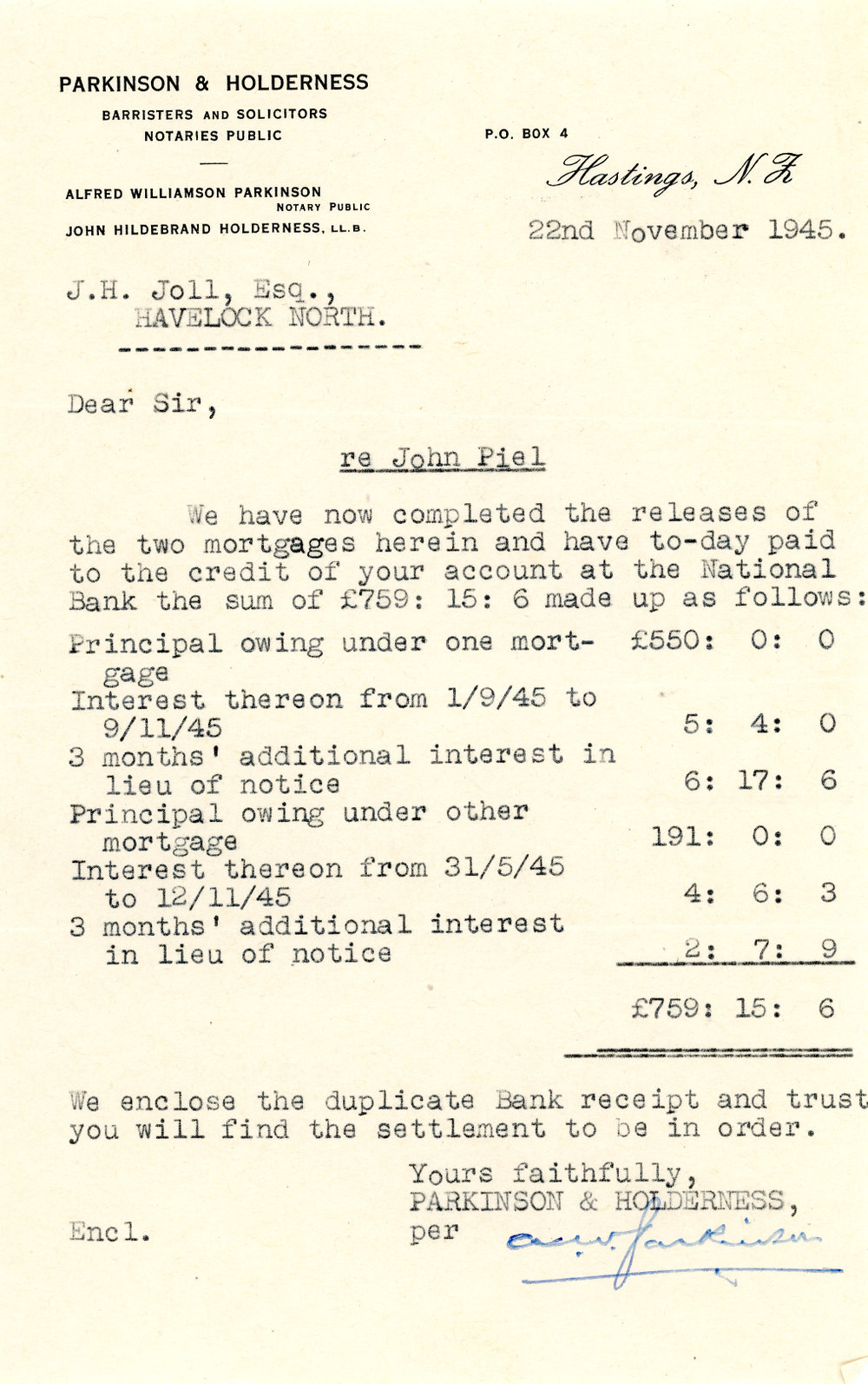 Letter from Parkinson and Holderness to J. H. Joll Regarding the Mortgage of John Piel
