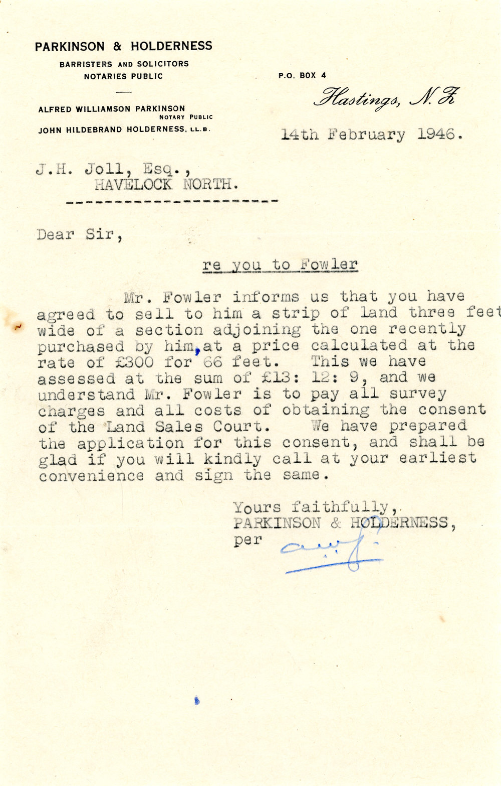 Letter from Parkinson and Holderness to J. H. Joll Regarding Land Purchase by Mr. Fowler