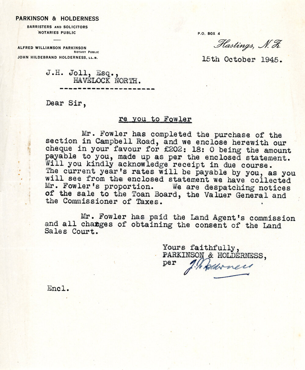 Letter from Parkinson and Holderness to J. H. Joll Regarding Land Purchase by Mr. Fowler