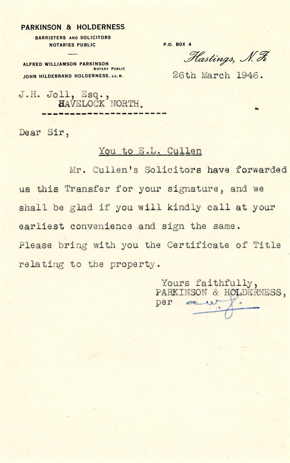Letter from Parkinson and Holderness to J. H. Joll Regarding Property Transfer with E. L. Cullen