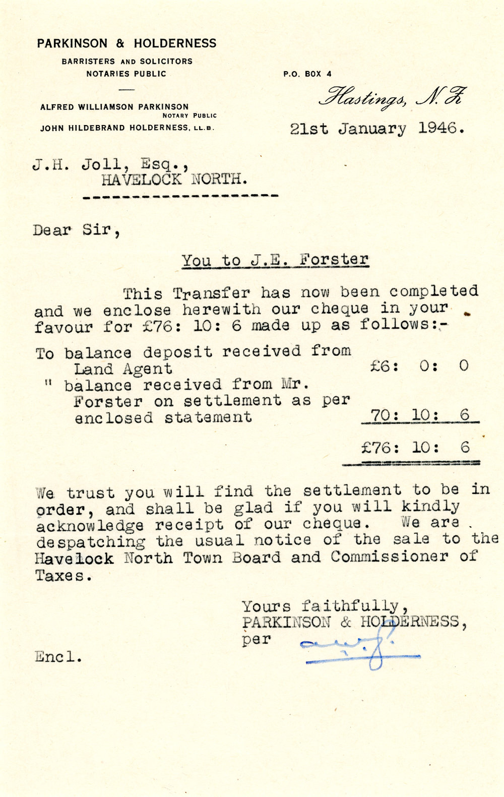 Letter from Parkinson and Holderness to J. H. Joll Regarding Land Transfer Settlement to J. E. Forster