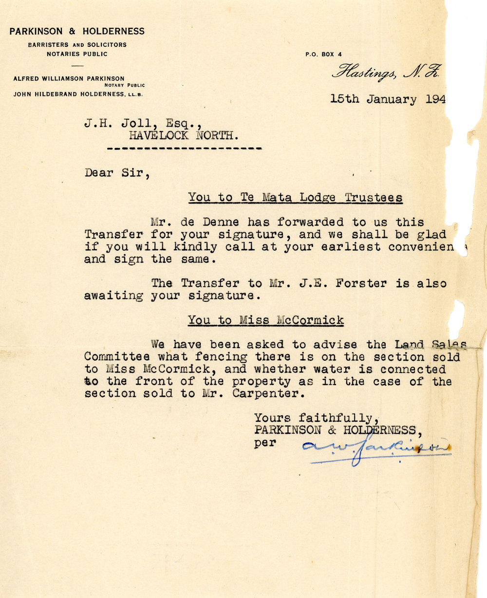 Letter from Parkinson and Holderness to J. H. Joll Regarding Land Transfers and Sales