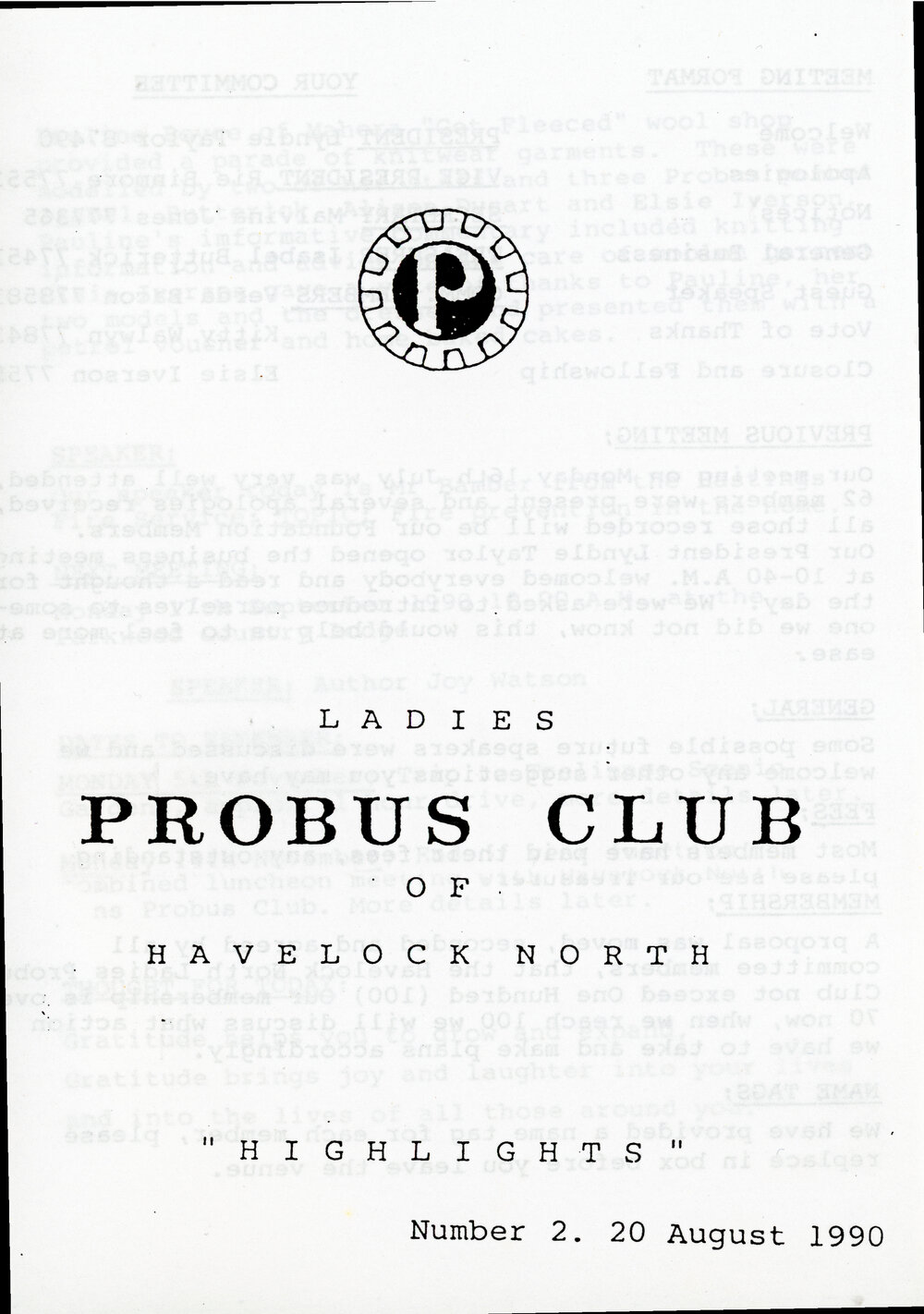 Ladies Probus Club of Havelock North "Highlights" Number 2. 20 August 1990