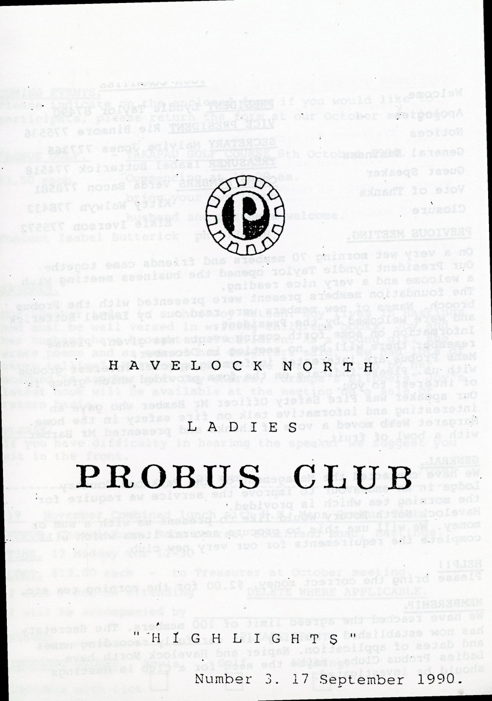 Ladies Probus Club of Havelock North "Highlights" Number 3. 17 September 1990