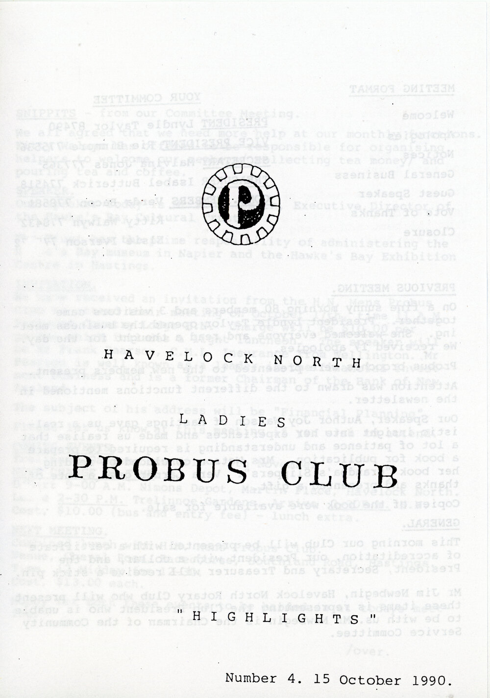 Ladies Probus Club of Havelock North "Highlights" Number 4. 15 October 1990