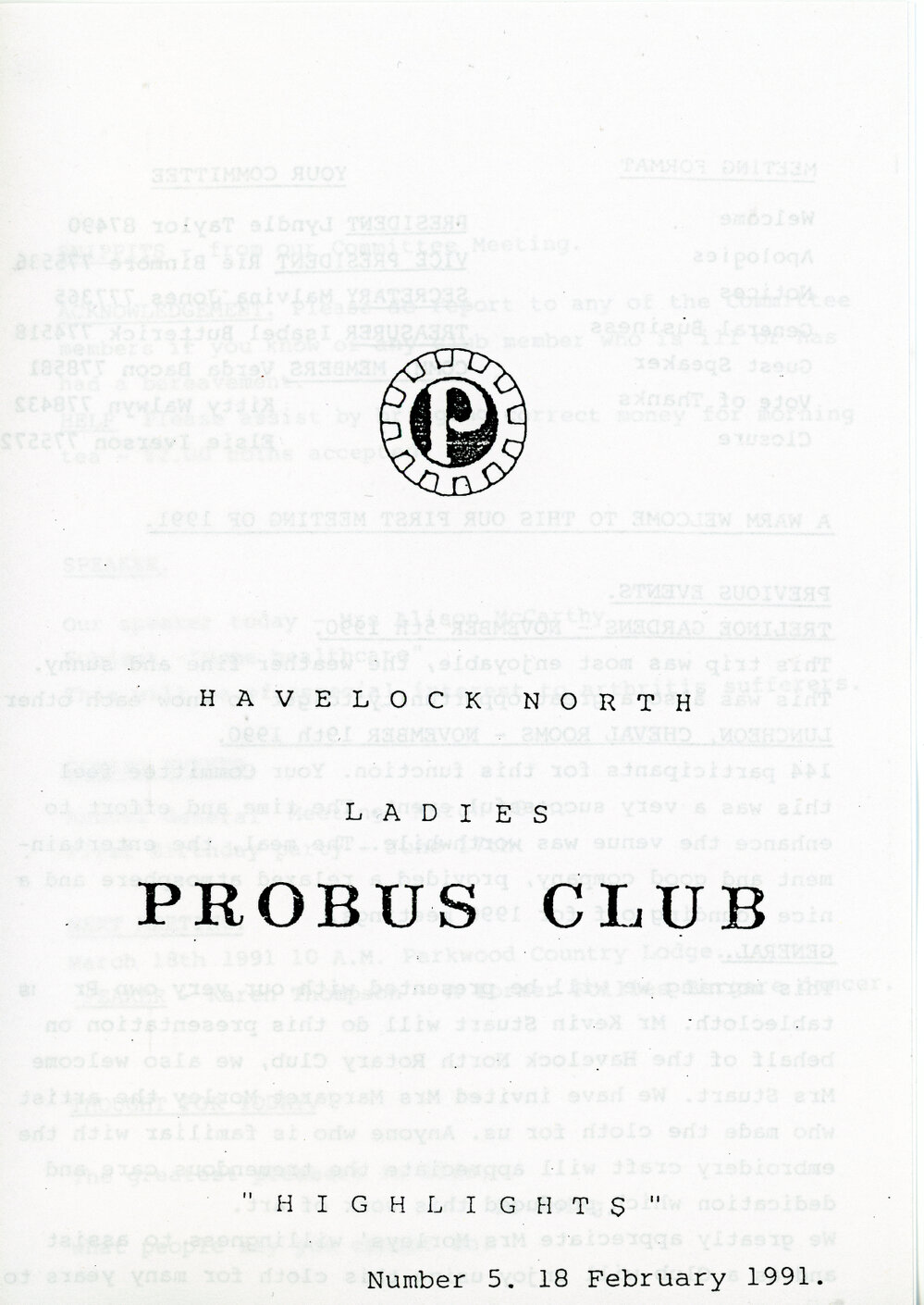Ladies Probus Club of Havelock North "Highlights" Number 5. 18 February 1991