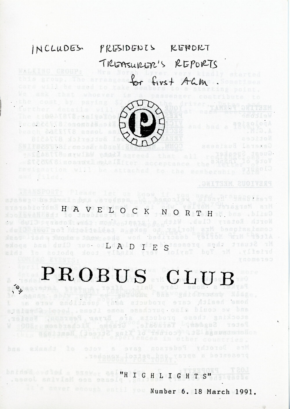 Ladies Probus Club of Havelock North "Highlights" Number 6. 18 March 1991