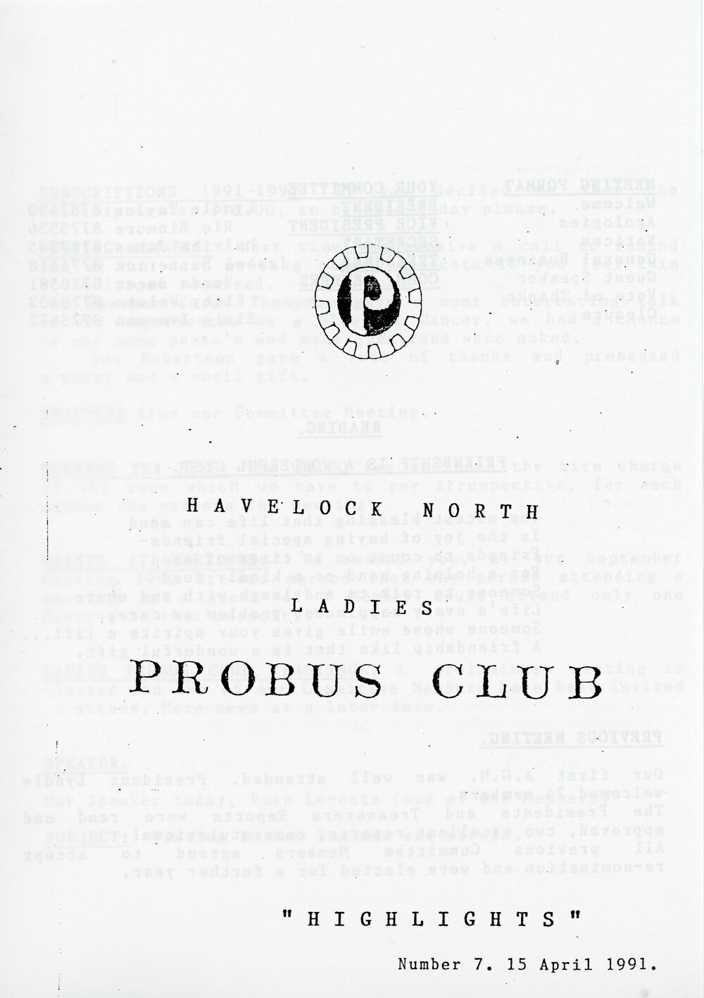 Ladies Probus Club of Havelock North "Highlights" Number 7. 15 April 1991