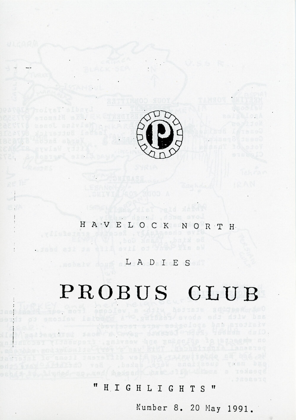 Ladies Probus Club of Havelock North "Highlights" Number 8. 20 May 1991