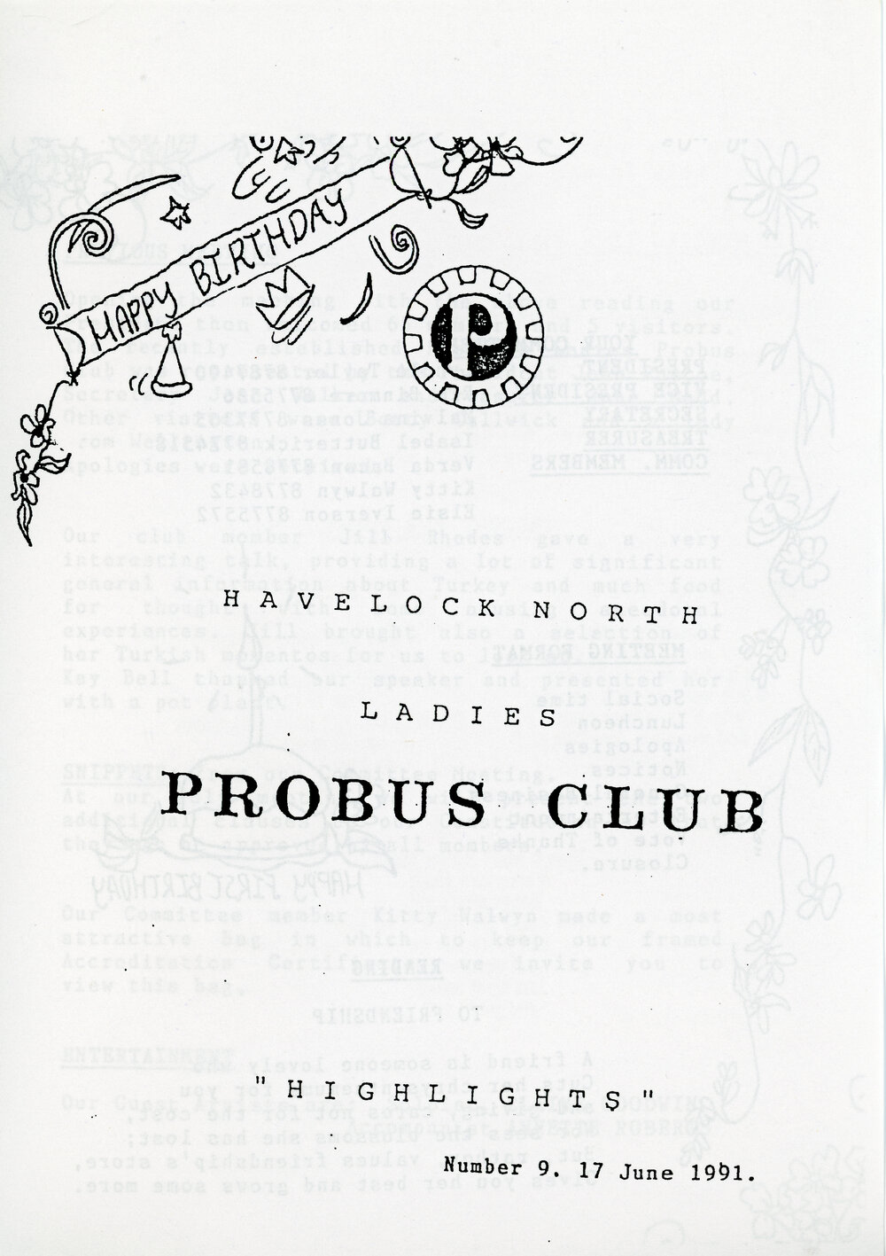 Ladies Probus Club of Havelock North "Highlights" Number 9. 17 June 1991