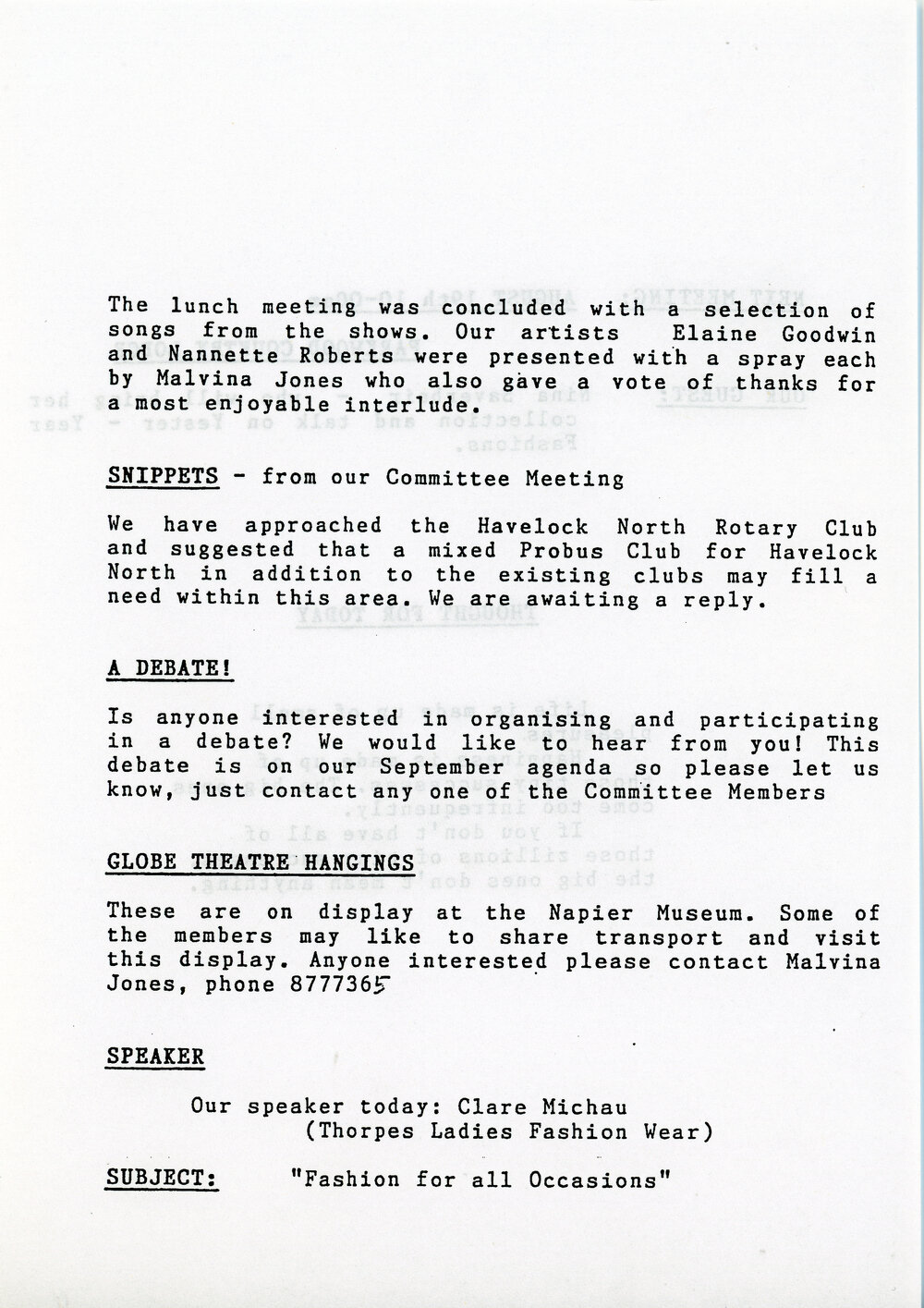 Ladies Probus Club of Havelock North "Highlights" Number 10. 15 July 1991