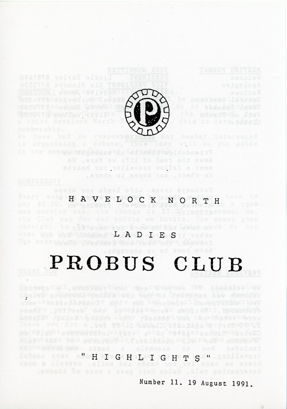 Ladies Probus Club of Havelock North "Highlights" Number 11. 19 August 1991