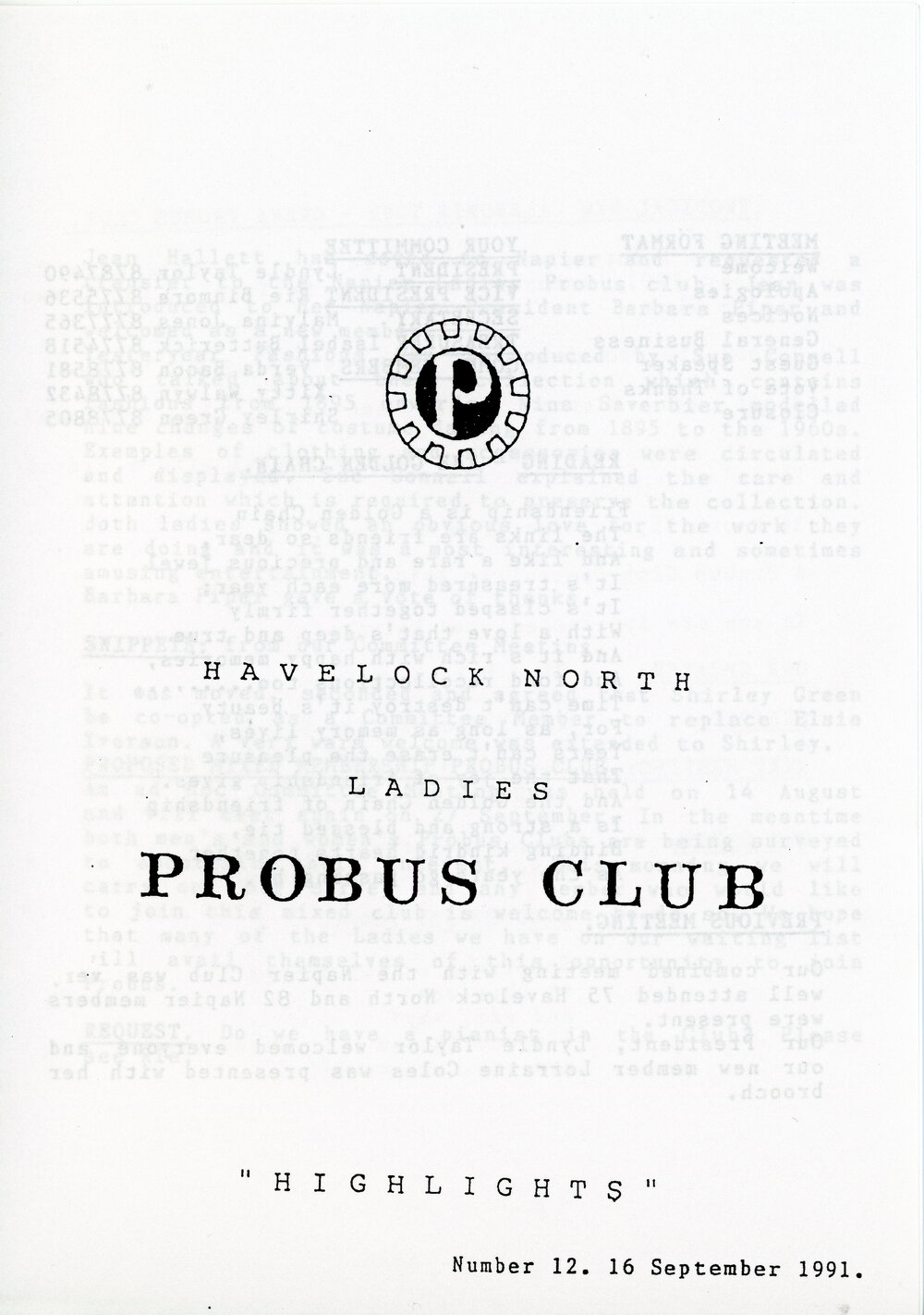 Ladies Probus Club of Havelock North "Highlights" Number 12. 16 September 1991