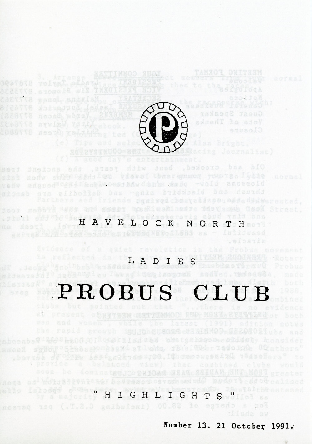 Ladies Probus Club of Havelock North "Highlights" Number 13. 21 October 1991.