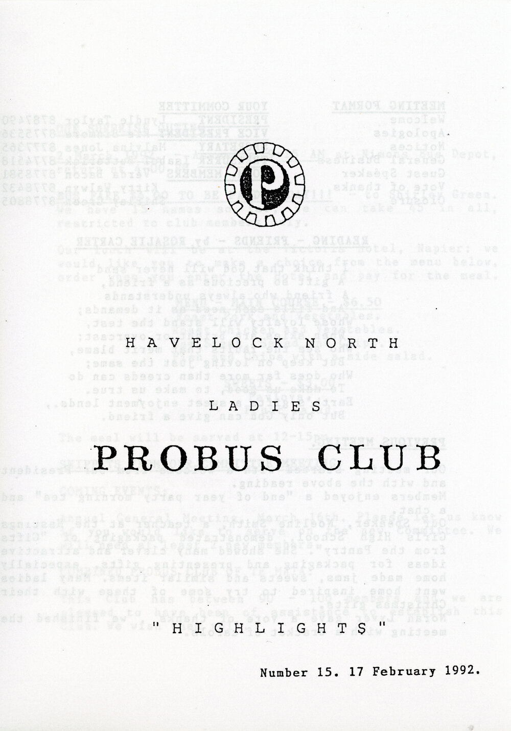 Ladies Probus Club of Havelock North "Highlights" Number 15. 17 February 1992