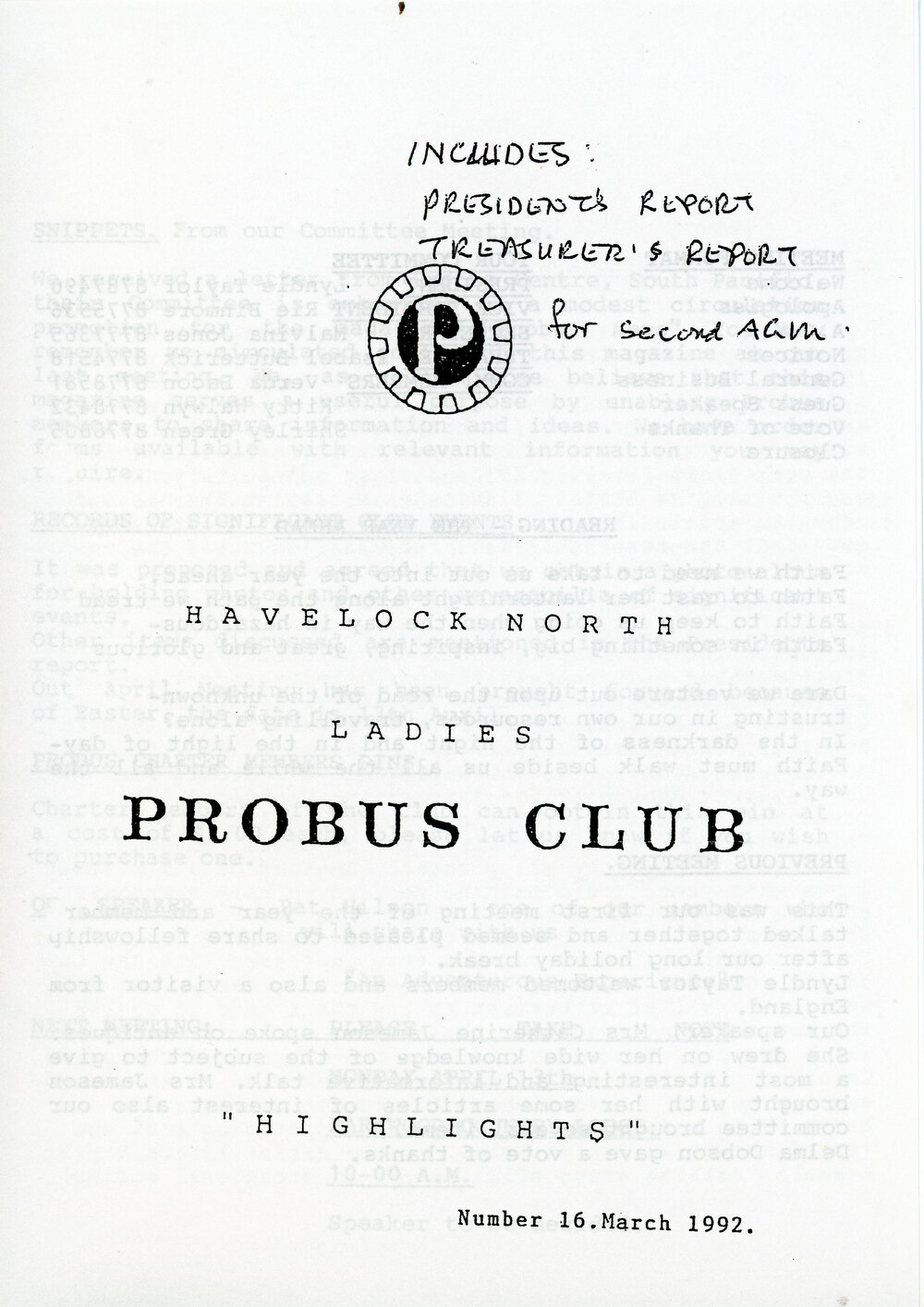 Ladies Probus Club of Havelock North "Highlights" Number 16. March 1992
