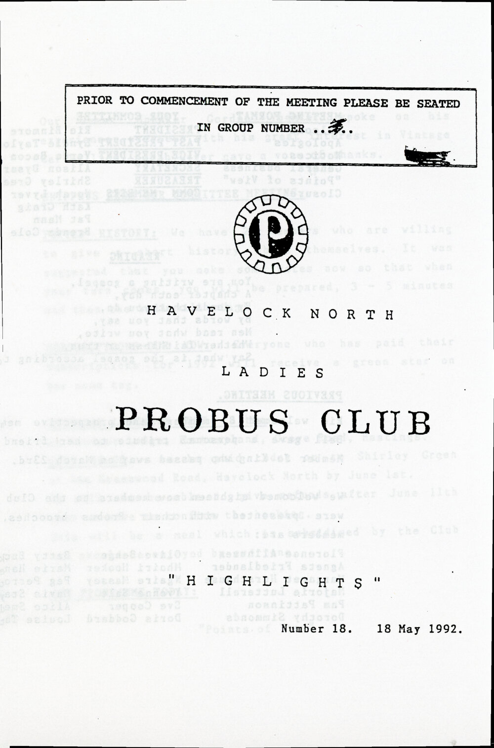 Ladies Probus Club of Havelock North "Highlights" Number 18. 18 May 1992