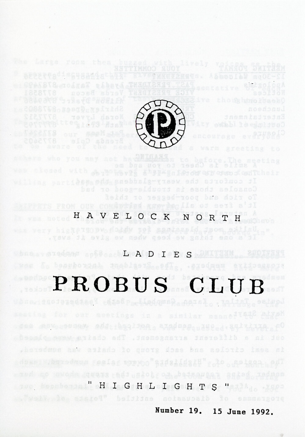 Ladies Probus Club of Havelock North "Highlights" Number 19. 15 June 1992