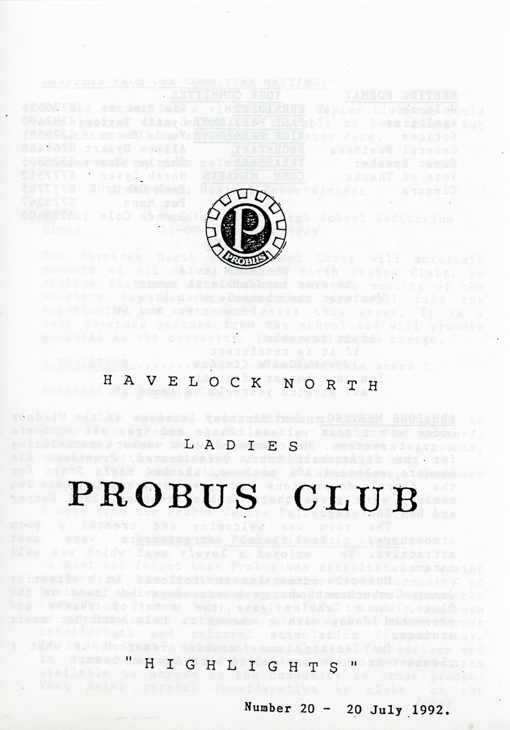 Ladies Probus Club of Havelock North "Highlights" Number 20. 20 July 1992