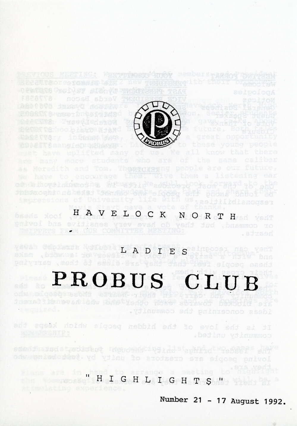 Ladies Probus Club of Havelock North "Highlights" Number 21. 17 August 1992