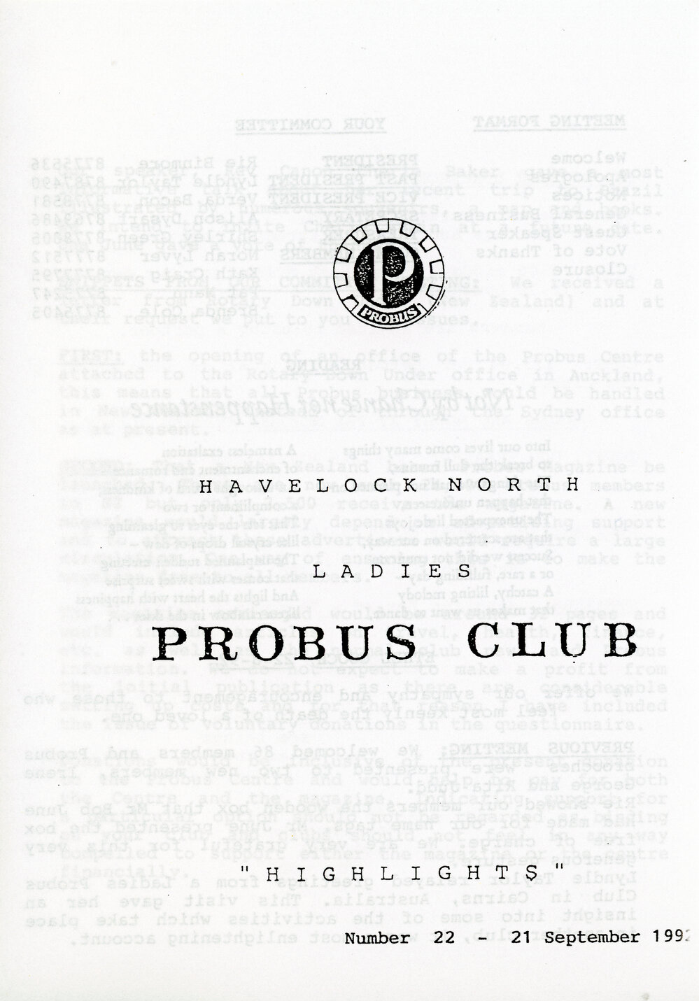 Ladies Probus Club of Havelock North "Highlights" Number 22. 21 September 1992